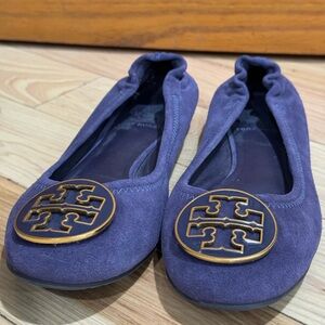 Tory Burch Womens Reva Flats Purple Suede Leather Logo Round Toe Ballet Sz 6